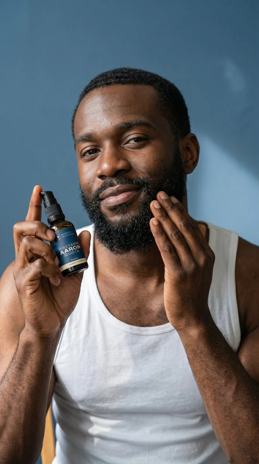 Modelo aplicando Aaron Beard Oil